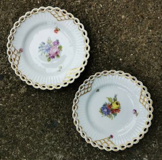 Two Small Antique Royal Copenhagen Full Lace Saxon Flower Plates From C.  1890