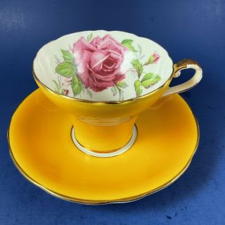 Aynsley Pink Cabbage Rose Yellow Bone China Tea Cup And Saucer