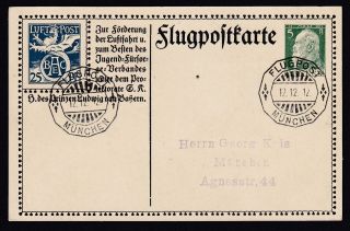 Germany 1912,  Air Mail Postal Card From Munchen,  With Printed Mi F1,  77