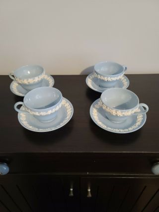 Wedgwood Embossed Queensware Cream On Lavender/blue,  4 Cups And Saucers