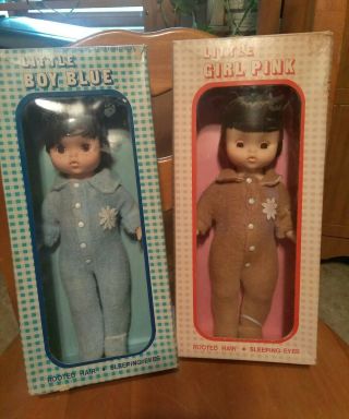 2 Vintage Dolls,  1960s " Little Boy Blue & Girl Pink " Richard Toy Co.  Orig.  Boxes