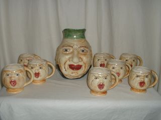 Vintage 1950 Man/woman Figural Face Head Pitcher W/8 Cups Artist Signed