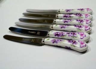 Aynsley Fine English Bone China ‘wild Violets’ Flower Butterfly Knives Set Of 6