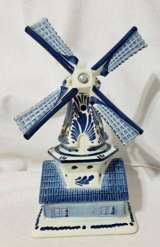 Vintage Tall Delft Blauw Hand Painted Windmill Night Light Lamp Blue Holland Vtg