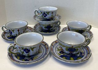 Vtg 1960 Hand Painted Faenza Blue Carnation 6 Cups And Saucers Set Made In Italy