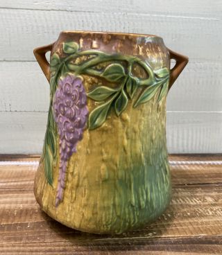 Vintage Roseville Pottery Wisteria Pattern Double Handled Vase 8.  5 " Tall