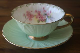 Shelley Green Oleander Gold Teacup Tea Cup Saucer Maytime Pink Blossom Flowers