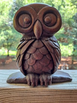 Antique/vintage Gorgeous Folk Art Hand Carved Wooden Owl Bird Figure Dark Wood