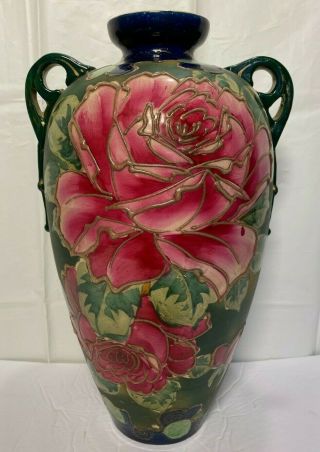 Antique Nippon 16 " Hand Painted Pink Red Rose Cobalt Blue Handled Vase Moriage