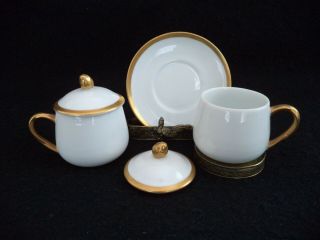 Fitz & Floyd china 10 pot - de - crème cups lids saucer Palais white w gold espresso 3