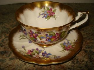Vintage Royal Albert Gold Crest Series Bone China Tea Cup & Saucer Violets