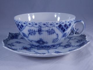 Vintage Royal Copenhagen Teacup Saucer 1130 Full Lace Blue Fluted Set 2nd Q