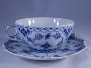 Vintage Royal Copenhagen Teacup Saucer 1130 Full Lace Blue Fluted Set 2nd Q 2