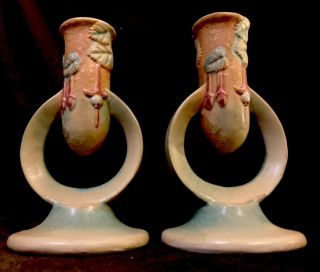 Vintage Roseville Pottery Brown Fuchsia 5” Candle Holders Sticks Pair