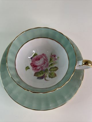 Vintage Aynsley Cabbage Rose Sage Green Tea Cup And Saucer Set