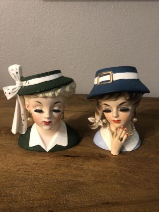 Vintage 1956 Napco Lady Head With Hand Vase Planter Collectible Blue/green Hat