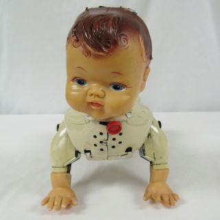 Vintage Boy Tin Talking Crawling Baby Doll Battery Operated Red Hair Blue Eyes