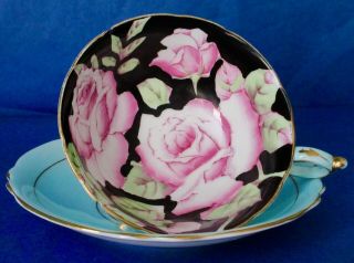 Paragon Large Pink Roses Black Chintz Blue Fine Bone China Cup & Saucer 2