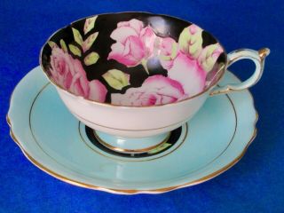 Paragon Large Pink Roses Black Chintz Blue Fine Bone China Cup & Saucer 3