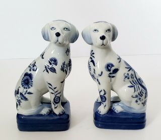 Wong Lee 1895 Porcelain Blue White Floral Mantle Bookend Dog Statues 8 "