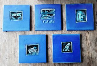 Set Of 5 Michael Cohen Stoneware Tile Trivet Plaques Cobalt Blue - Animals