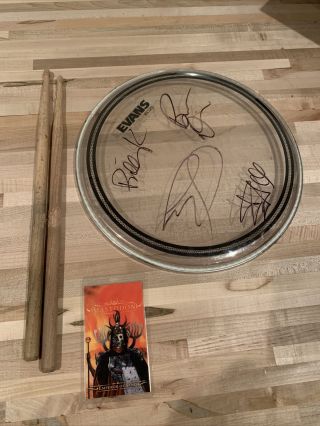 Mastodon Brann Dailor Sticks And Signed By The Band Drum Head And Vip Laminate
