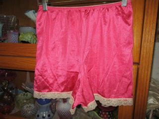 Vintage Panty Panties Hot Pink Shiny Glossy Satin Boxer M Lace Trim Lingerie
