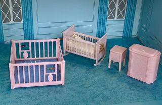 Vtg 50s Renwal Pink Crib Playpen Hamper Baby Nursery Furniture Mini Dollhouse