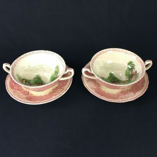 Set Of 2 Vintage Royal Doulton The Chatham Footed Cream Soup Bowls And Saucers