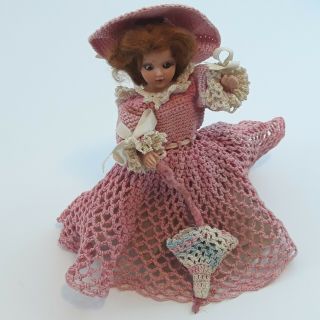 Vintage 7 " Plastic Doll Sleepy Eyes Crocheted Dress/hat/parasol Linen Underskirt