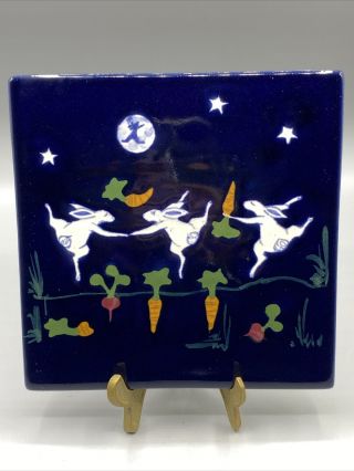 Karen Howell " Legend Of The Rabbit Moon " Series Trivet Or Tile Cobalt Blue 6 " X6 "