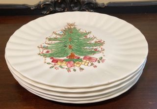 5 Vintage Blue Ridge Christmas Tree Hand Painted Dinner Plates 10 1/4”