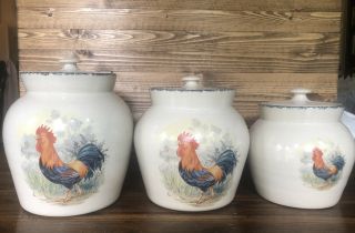 Vintage 1999 Home & Garden Party Rooster Crock Canister Set Of 3 With Lids