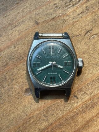 Vintage Pencron 17 Jewel Automatic Blue Dial Stainless Wristwatch