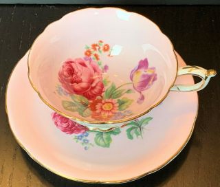 Fancy Paragon Fnancy Pink Double Warrant Tea Cup And Saucer Set W/ Rose Bouquet
