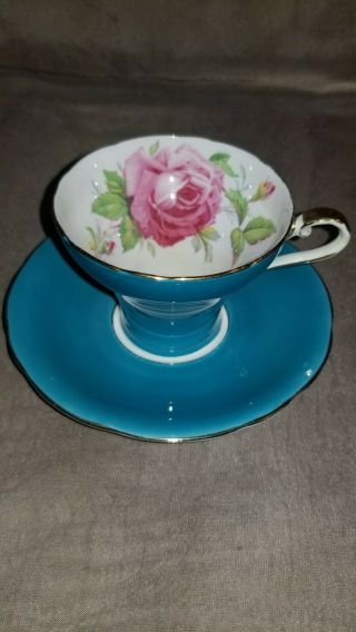 Gorgeous Vintage Aynsley Turquoise With Cabbage Rose Corset Teacup & Saucer