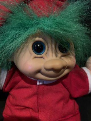 Vintage Russ Berrie Christmas Troll Doll 12 " Red Santa Hat Pjs Green Hair 2338
