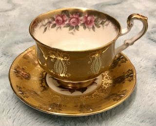 Paragon R Johnson Cup & Saucer Gold Cabbage Rose Flowers Signed Appt To Majesty