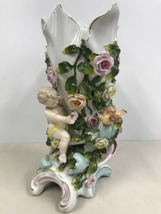 Antique Sitzendorf Figural Cherub & Encrusted Flowers Vase/urn,  C.  1884