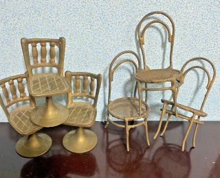 6 Vintage Brass Side Chairs Dollhouse 1:12 Miniature 3 Pub,  3 Cafe
