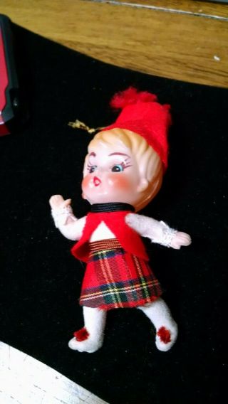 Vintage Flocked Elf Kid In Kilt Christmas Tree Ornament Blow Mold 4 "