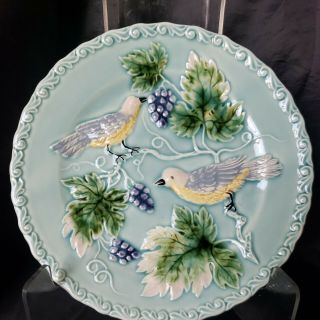 Vintage Majolica Zell Western Germany 7 3/4 " Plate Birds Leaves,  Grapes Turquoi