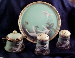 Antique Nippon Ts Teal Gold Gilt Jeweled Hand Painted Flying Crane Geese X 5
