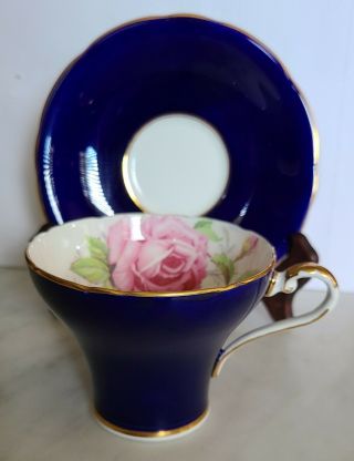 Gorgeous Vintage Aynsley Cobalt Blue And Gold Rose Roses Corset Tea Cup & Saucer