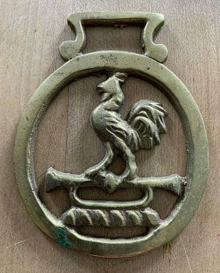 Antique English Horse Brass Medallion With Rooster On A Horn