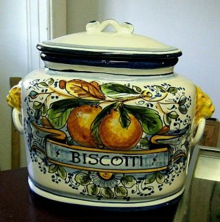 11 " Large Majolica Pottery Italy Oval Biscotti Cookie Jar With Lion Head Handles