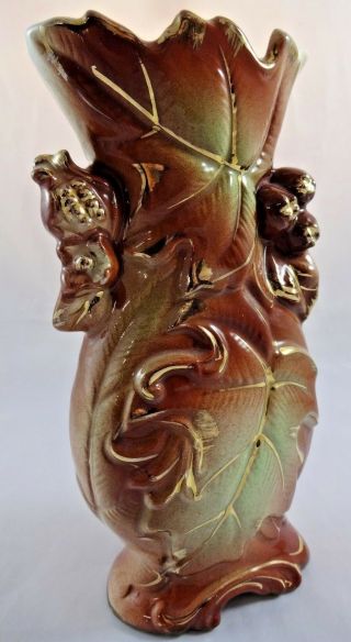 Antique Pottery Ceramic Vase Brown Green And Gold Metallic Leaf Pattern