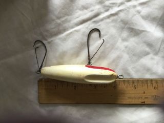 Vintage Antique Wood 4” Fishing Lure Red White With 2 Special Single Hooks
