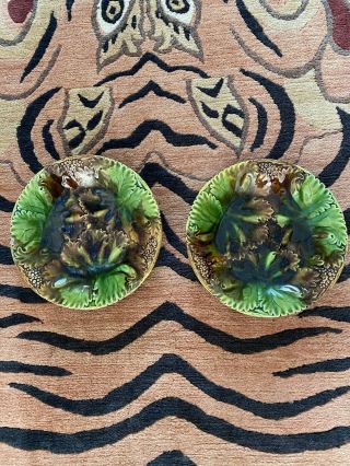 Antique Majolica Green Leaf Plates Pair With Yellow Brown Mottled Pattern 7.  75”