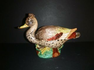 Vintage Cantagalli Hand Painted Majolica Brown Fancy Crested Head Duck Italy